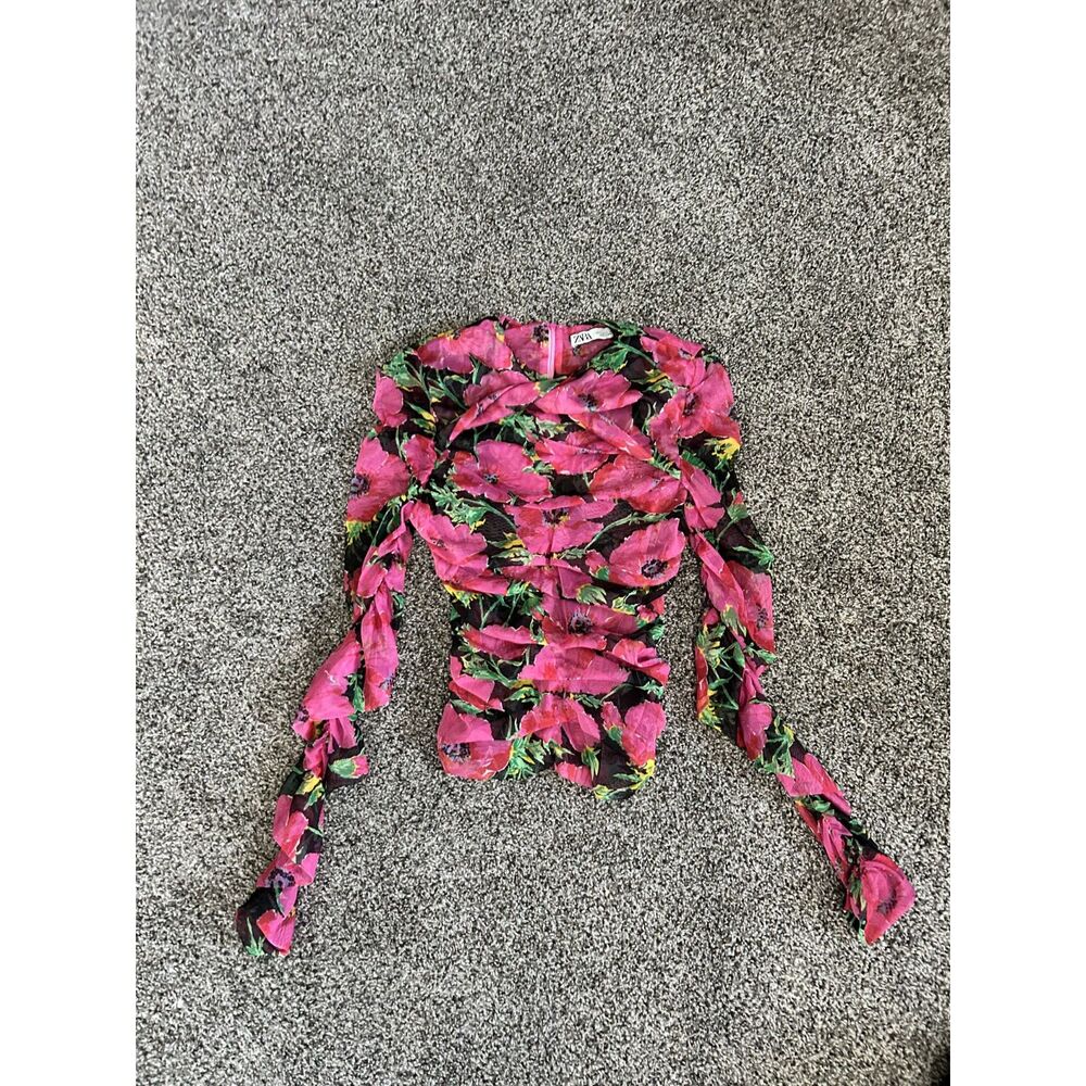 Zara Pink and Green Floral Printed Tulle Mesh Ruched Long Sleeve Top L